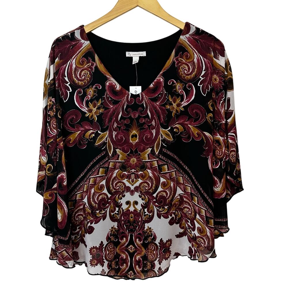 Dressbarn Womens Cape Blouse Size Large Pullover Floral V Neck Stretch Comfort
